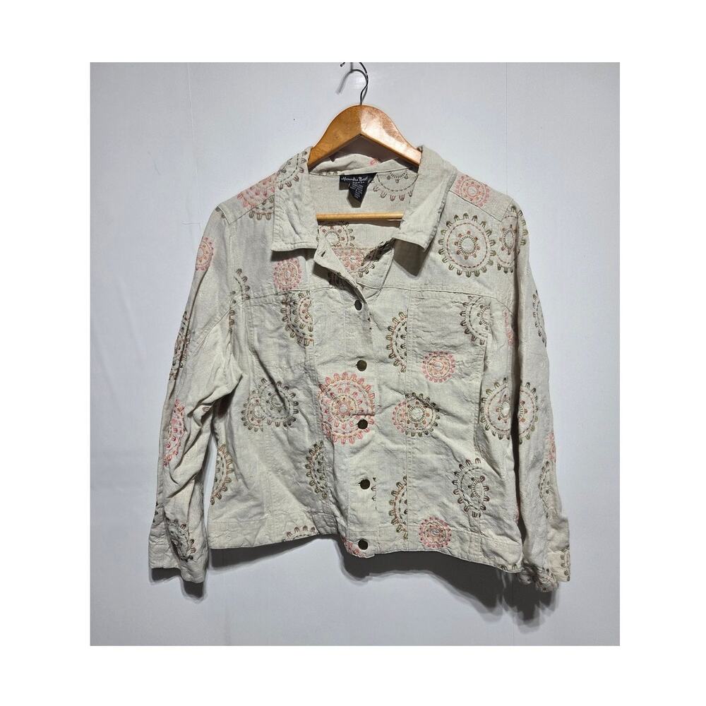 Alexandra Bartlett Woman's Tan Linen Embroidered Boho Lightweight Jacket Size 1X